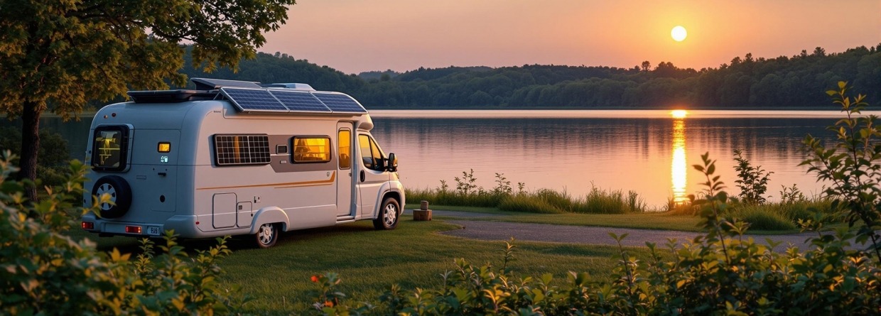 Een luxe camper bij een meertje met een ondergaande zon