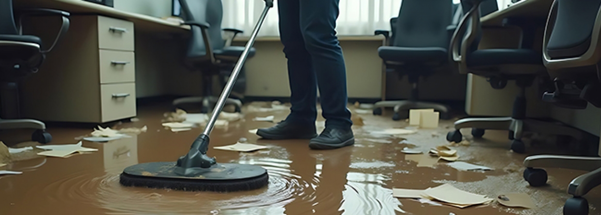 Kantoor ondergestroomd met water wat een medewerker weg probeert te halen