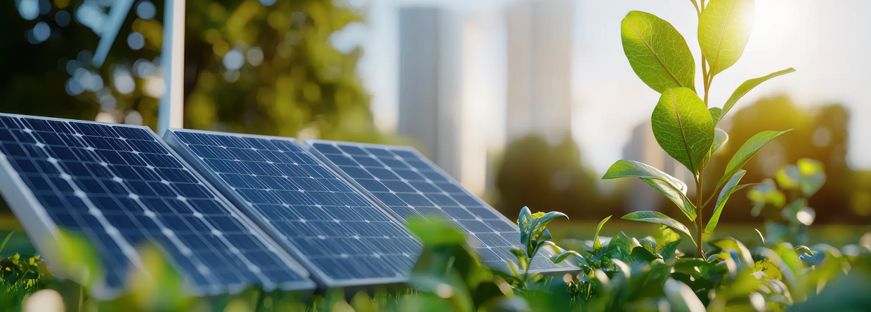 Verduurzamen: zonnepanelen, windmolen en een klein groen plantje wat groeit