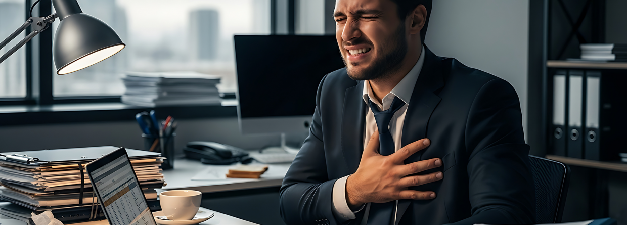 Gestreste man in pak op kantoor achter zijn bureau heeft mogelijk een hartaanval enpijn op zijn borst en legt zijn hand erop 