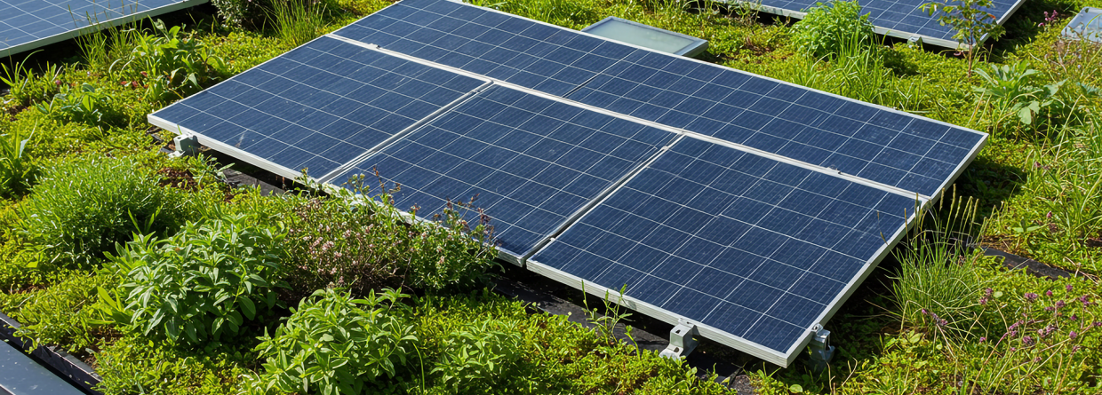 Zonnepanelen op een groen dak van een huis