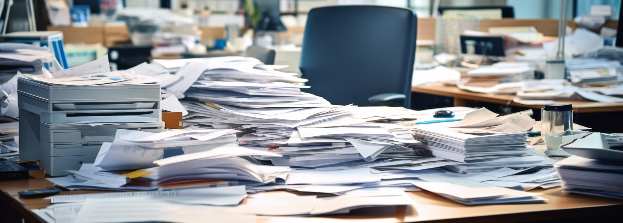 Een bureau vol met stapels papieren door afwezigheid van een werknemer
