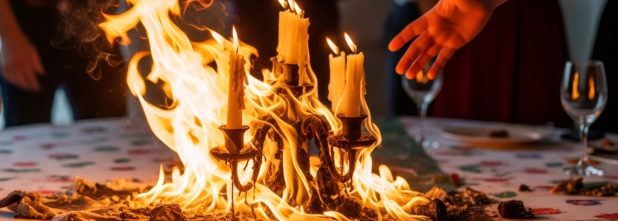 Brand; kaarsen en een tafelkleed op een tafel staan in brand met een groep mensen erom heen