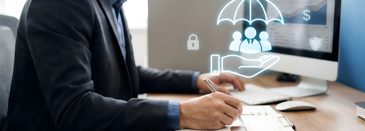Ondernemer achter bureau met computer bekijkt verzekeringen