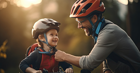 Vader met fietshelm op helpt zijn zoon om de fietshelm vast te maken