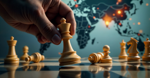 Prinsjesdag geopolitiek; op de achtergrond een wereldkaart en op de voorgrond een schaakstpel met een hand
