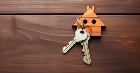 Afbeelding van een houten huisje met 2 sleutels