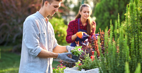 Jongen en meisje zijn in de tuin aan het werk
